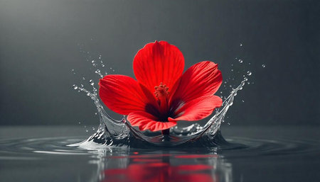 Striking red hibiscus flower with splashing water on dark background