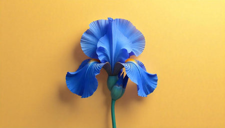 Dramatic Blue Iris Flower Against Warm Yellow Background