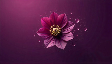 Elegant purple flower with water droplets against purple background