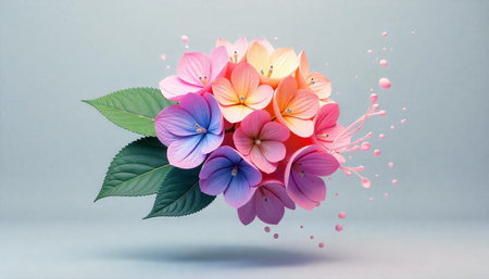 Pastel Hydrangea Bouquet with Green Leaves on Soft Background