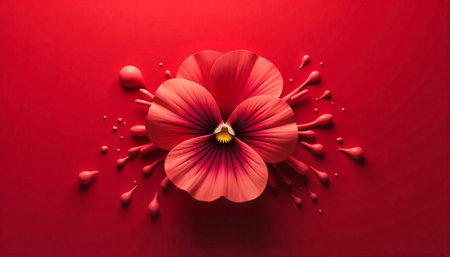 Elegant red flower with abstract drops on solid background