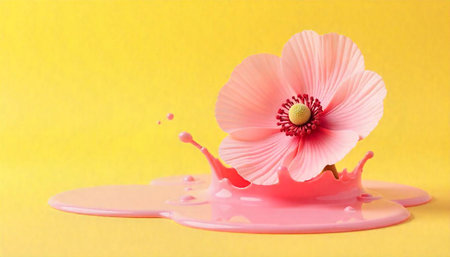 Pink flower blossoming from pink liquid on yellow background