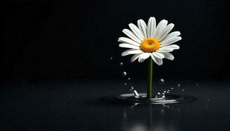 Daisy Flower in Water Droplet on a Dark Backdropの写真素材