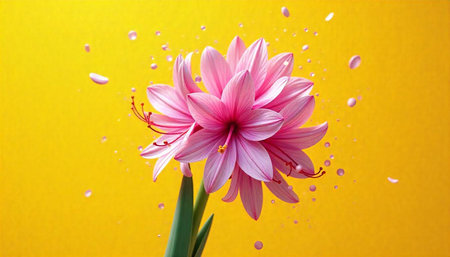 Elegant pink amaryllis flower on vibrant yellow background blooms