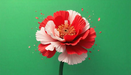 Elegant red and white flower on vibrant green background