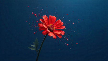 Vibrant red daisy flower with abstract red splash on blue