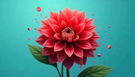 Vibrant Red Dahlia Flower Bloom Against Teal Background