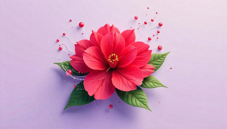 Elegant red flower with green leaves on pastel background