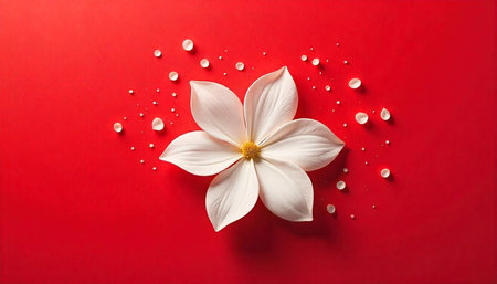 White flower on red background with petals scattering aroundの写真素材