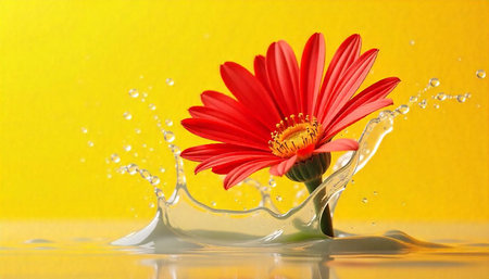 Bright red flower emerging from water against yellow backdropの写真素材