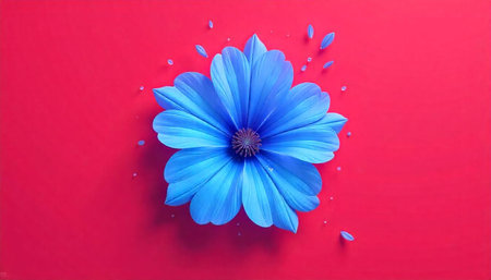 Vibrant blue flower on red background with floating petals