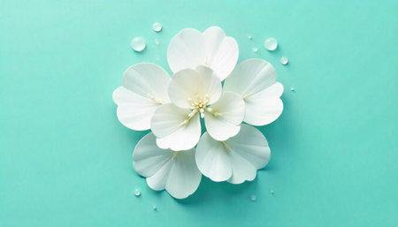 Minimalist aesthetic image of white flower on turquoise backgroundの写真素材