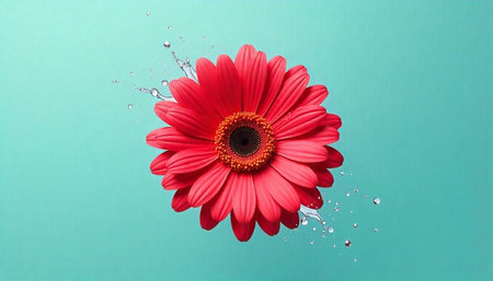 Red gerbera daisy with water droplets on a light teal