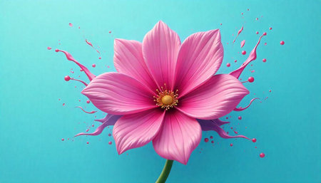 Pink flower with paint splatter on vibrant blue background