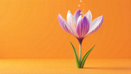 Striking crocus flower with water droplets on orange background
