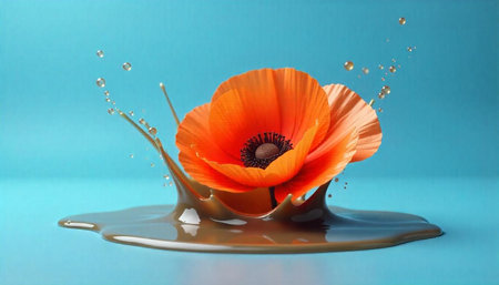 Orange poppy in caramel splash against vibrant blue background