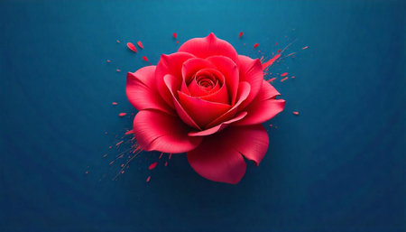 Elegant vibrant red rose against a deep blue backgroundの写真素材