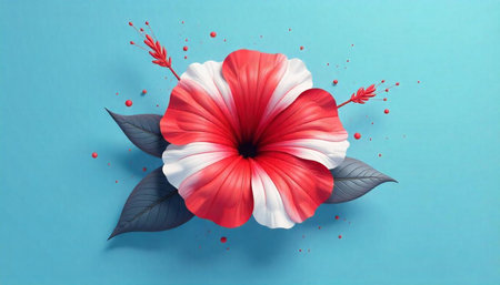 Red and white hibiscus flower against a teal backgroundの写真素材