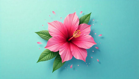 Elegant Pink Hibiscus Flower with Green Leaves on Cyan
