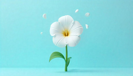 White flower with floating petals on blue background