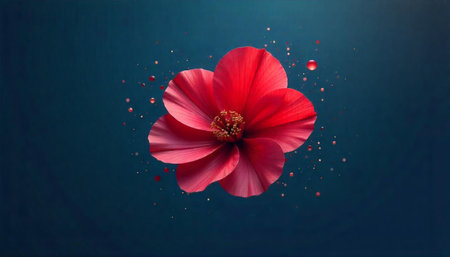 Elegant red flower with floating droplets on dark backdropの写真素材