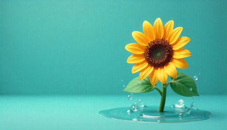 Radiant sunflower in water on a blue backgroundの写真素材