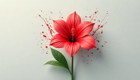 Elegant red hibiscus flower with splattered paint background