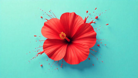 Vibrant Red Hibiscus Bloom with Paint Splatter on Turquoise
