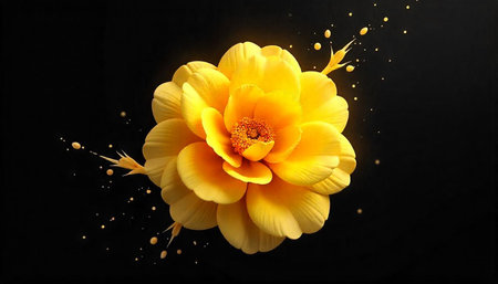Radiant Yellow Flower with Paint Splatters on Black Background