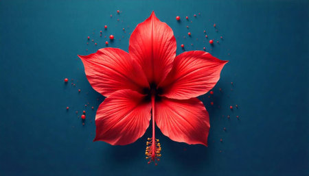 Elegant red hibiscus flower against a dark teal backgroundの写真素材