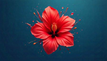Vibrant red hibiscus blossom on deep blue background