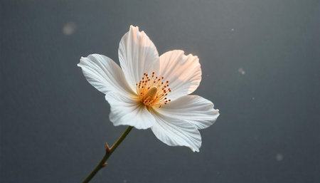 Single white flower with golden center against gray backdrop