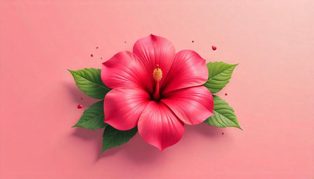 Vibrant hibiscus flower with leaves on soft pink background