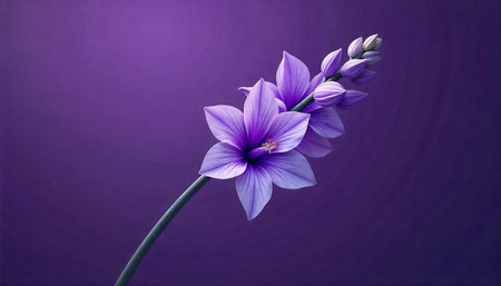 Elegant purple flower blossoms with stem on solid background