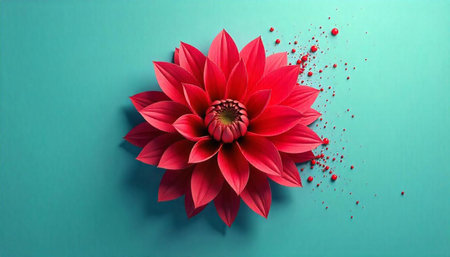 Vibrant red dahlia with flowing dots on teal backgroundの写真素材