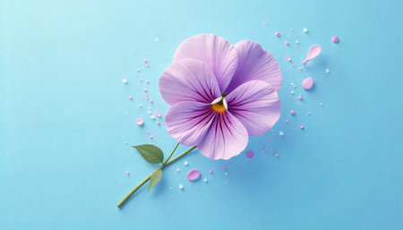 Isolated purple flower with pastel water droplets on blue