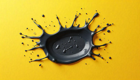 Black glossy liquid paint splash on vibrant yellow background