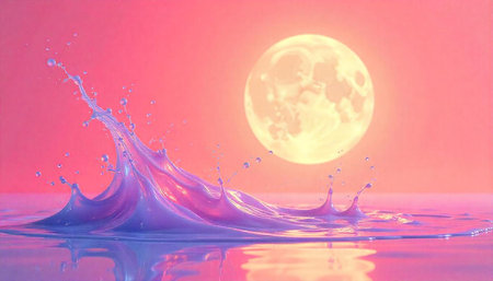 Water splash against pink background with moon-like lightの写真素材