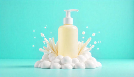 Lotion bottle with splash on light blue backgroundの写真素材