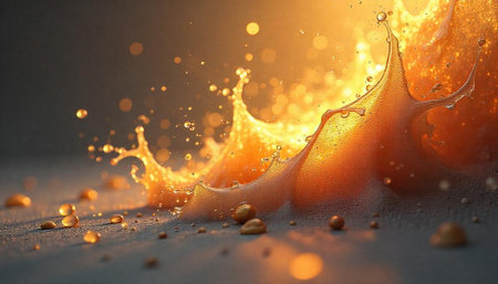 Golden liquid splash with bokeh effect for advertising backgroundsの写真素材