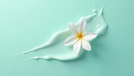 Single Plumeria flower blossom with cream on mint backdropの写真素材