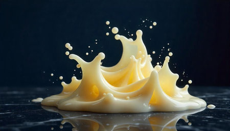Dynamic liquid splash on black marble background studio shot