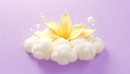 Pastel floral arrangement featuring flower resting on cloud shapes