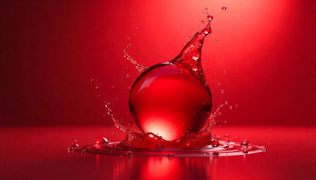 Elegant red sphere creating dynamic splash on a glossy surface