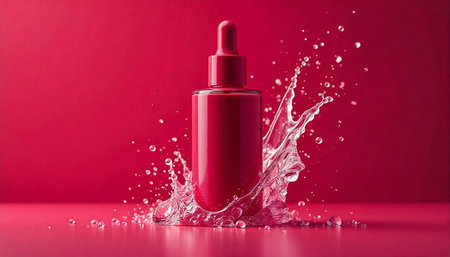 Elegant red serum bottle with splashing water backdropの写真素材