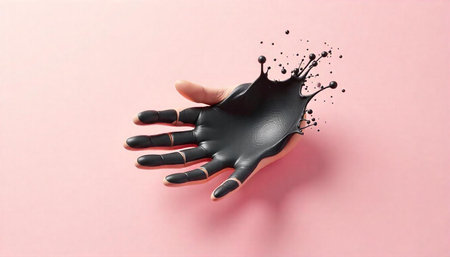 Hand covered in black paint on a pink background