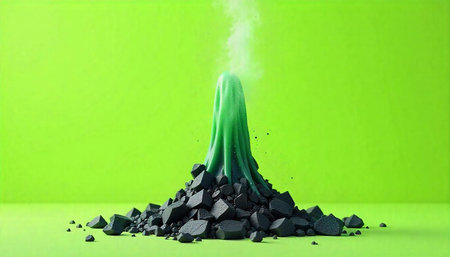 Surreal green emergence from coal with smoke on green background