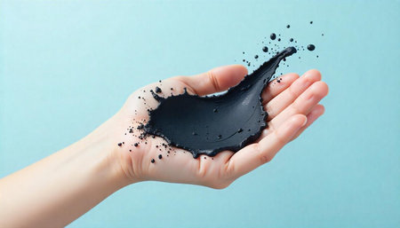 Black fluid splash in hand with light blue background