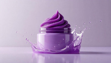 A jar of purple cream surrounded by a splash