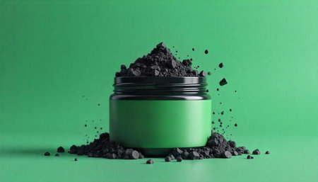 Green jar with black powder on green background studio